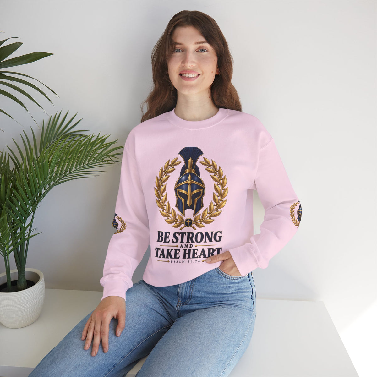 Crewneck Sweatshirt — "Be Strong and Take Heart" Psalm 31:24 Spartan Helmet Design