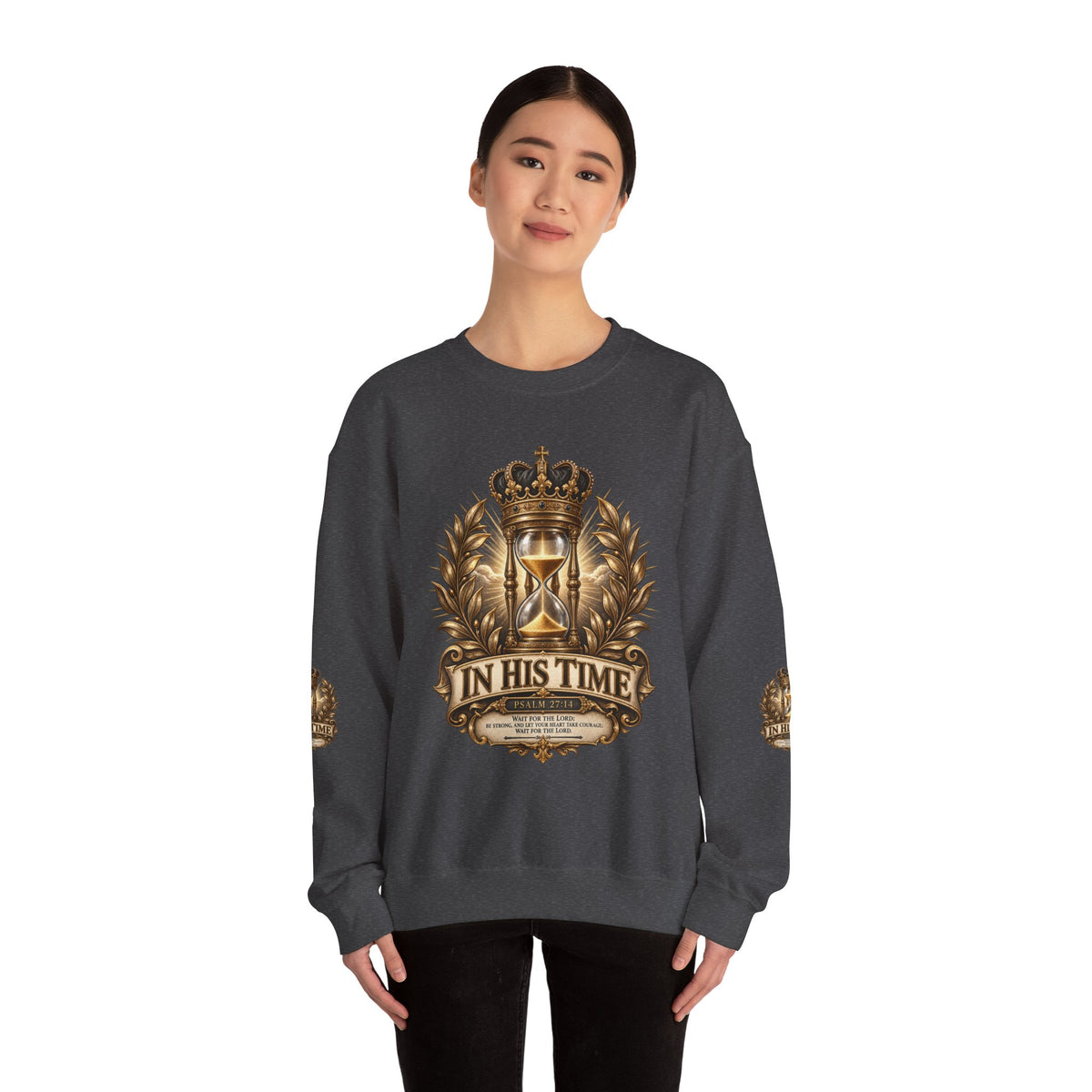 In His Time Crewneck Sweatshirt – Inspirational Christian Scripture Hourglass Design