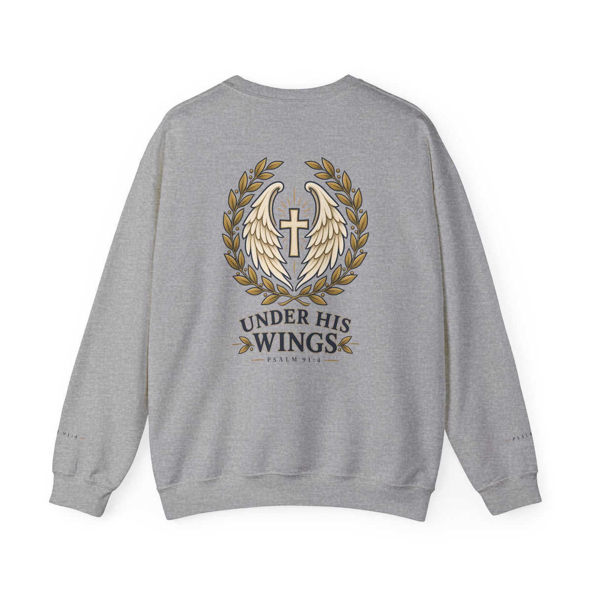 Under His Wings Crewneck Sweatshirt — Christian Cross & Angel Wings Psalm Design