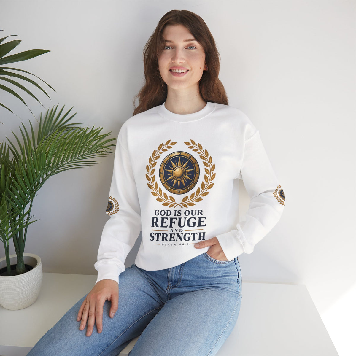 Crewneck Sweatshirt — “God Is Our Refuge and Strength” Psalm 46:1 Christian Faith Pullover