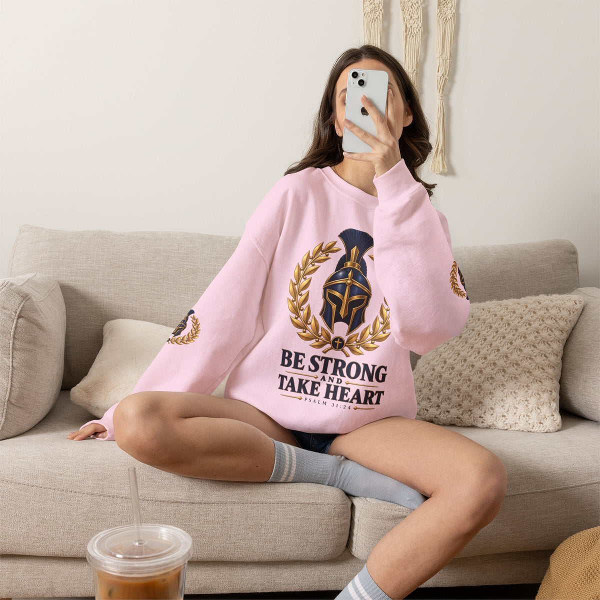 Crewneck Sweatshirt — "Be Strong and Take Heart" Psalm 31:24 Spartan Helmet Design