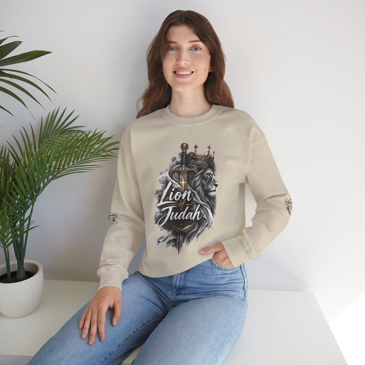 Lion of Judah Sweatshirt — Christian Lion Crewneck with Crown & Ichthys Back