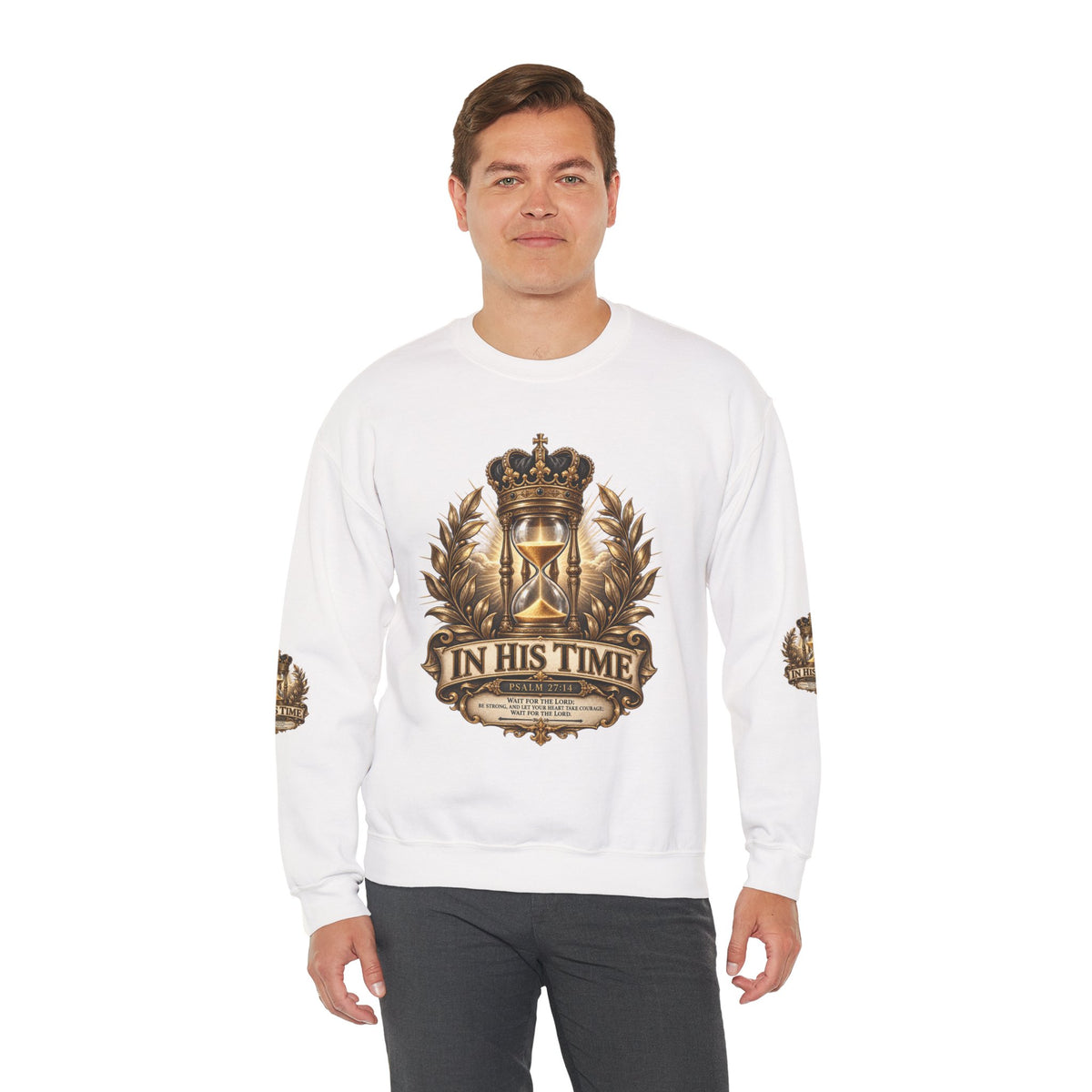 In His Time Crewneck Sweatshirt – Inspirational Christian Scripture Hourglass Design