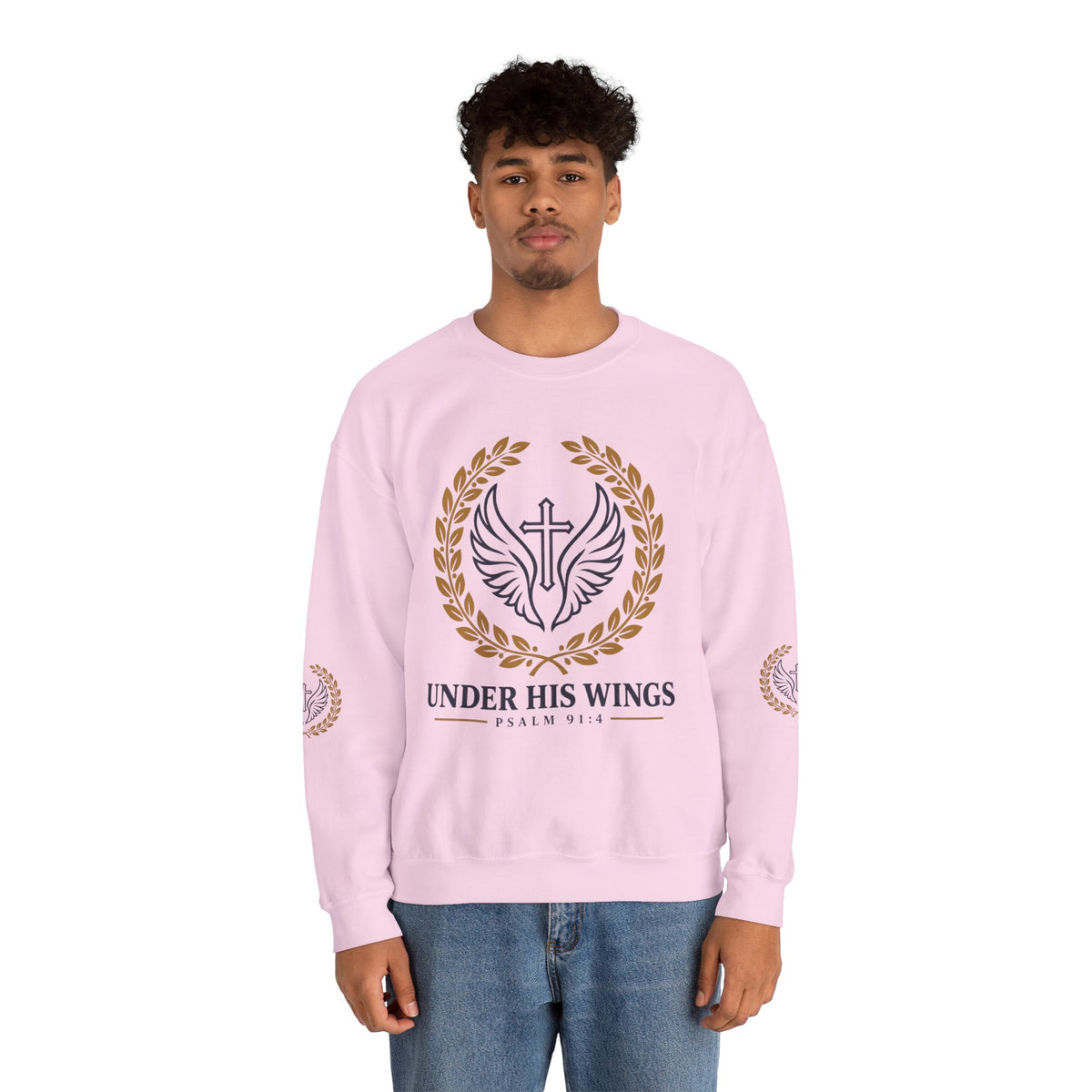 Religious Crewneck Sweatshirt – “Under His Wings” Psalm 91:4 Christian Pullover