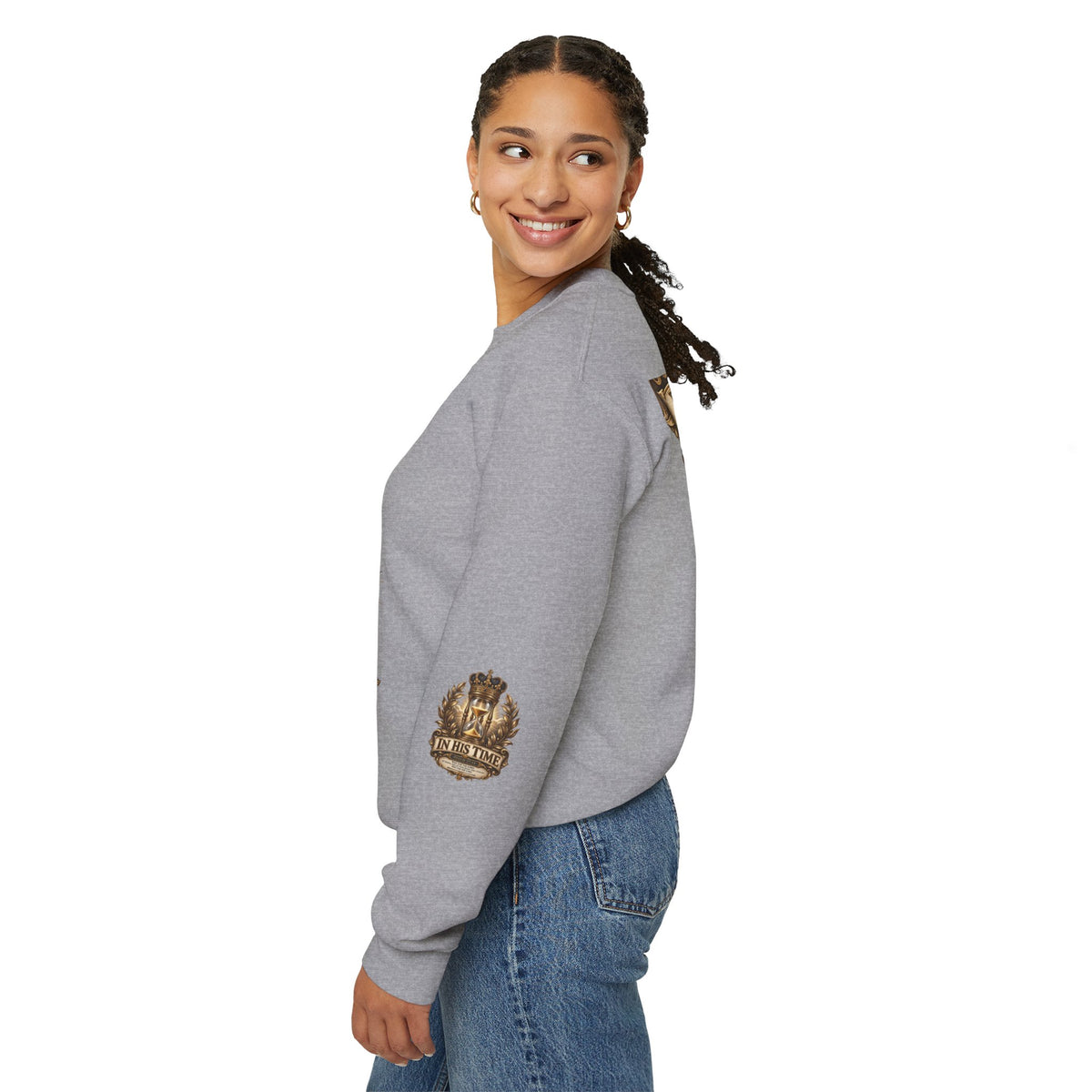 In His Time Crewneck Sweatshirt – Inspirational Christian Scripture Hourglass Design