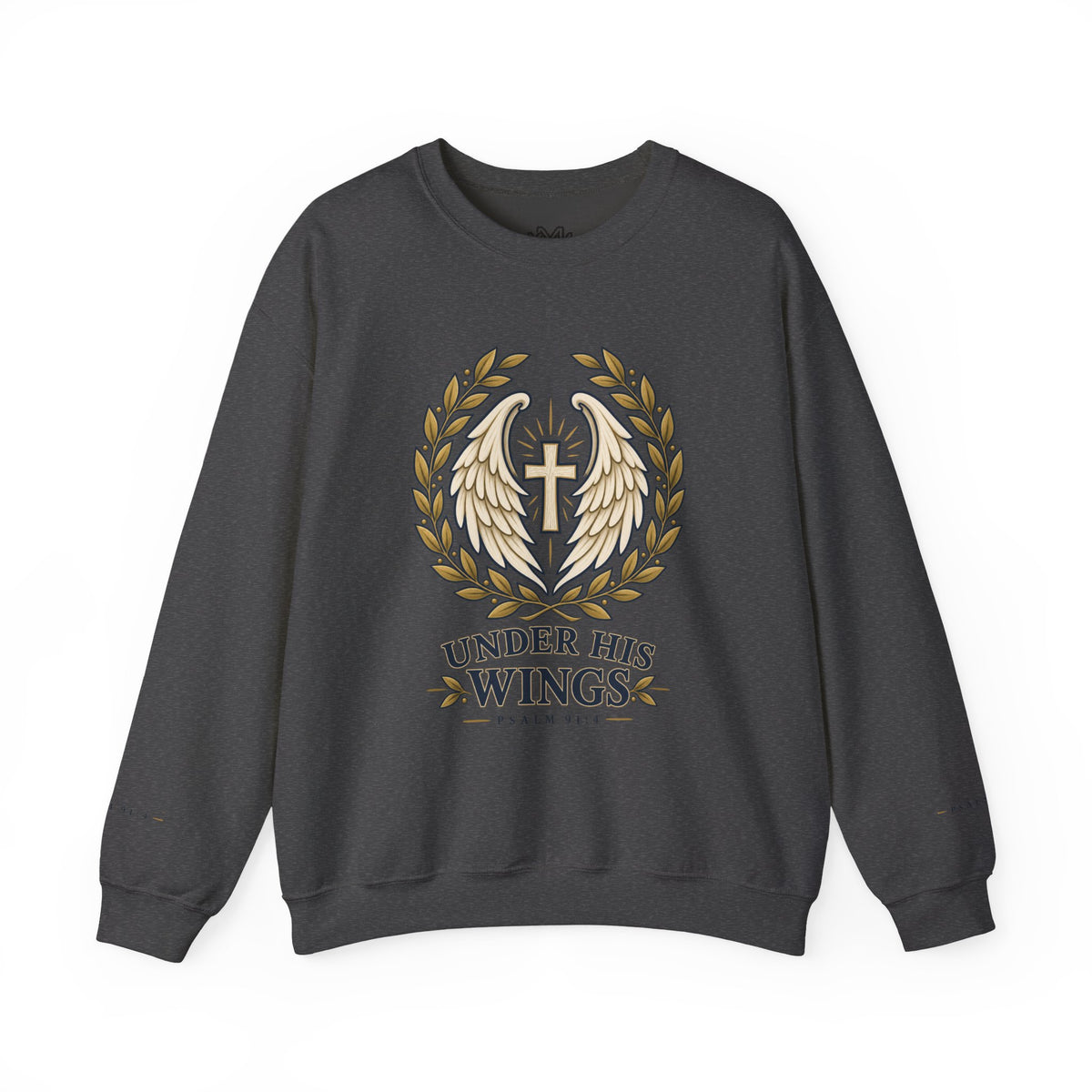 Under His Wings Crewneck Sweatshirt — Christian Cross & Angel Wings Psalm Design