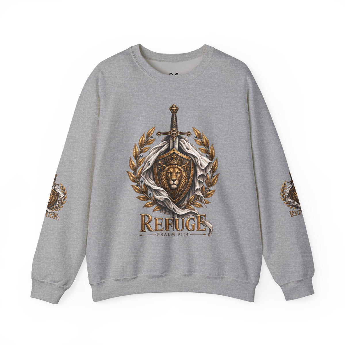 Crewneck Sweatshirt — 'Refuge' Lion & Sword Psalm 91:4 Christian Pullover
