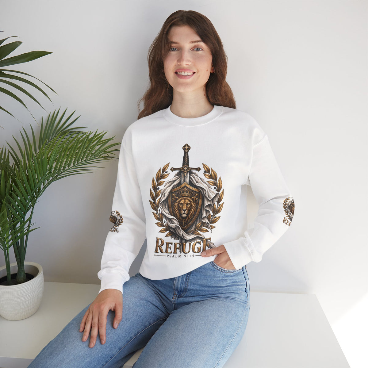 Crewneck Sweatshirt — 'Refuge' Lion & Sword Psalm 91:4 Christian Pullover