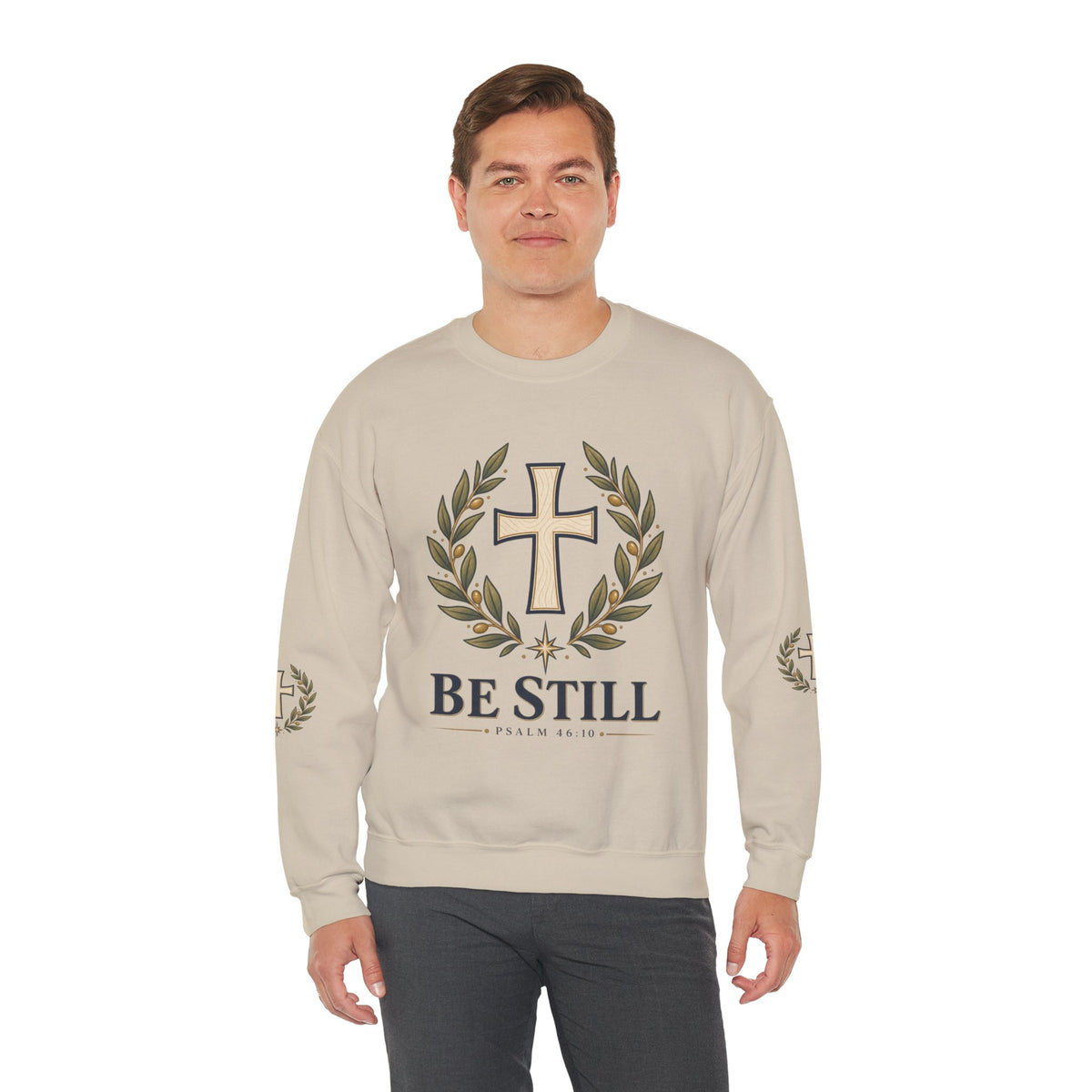 Crewneck Sweatshirt — "Be Still" Psalm 46:10 Christian Cross Design