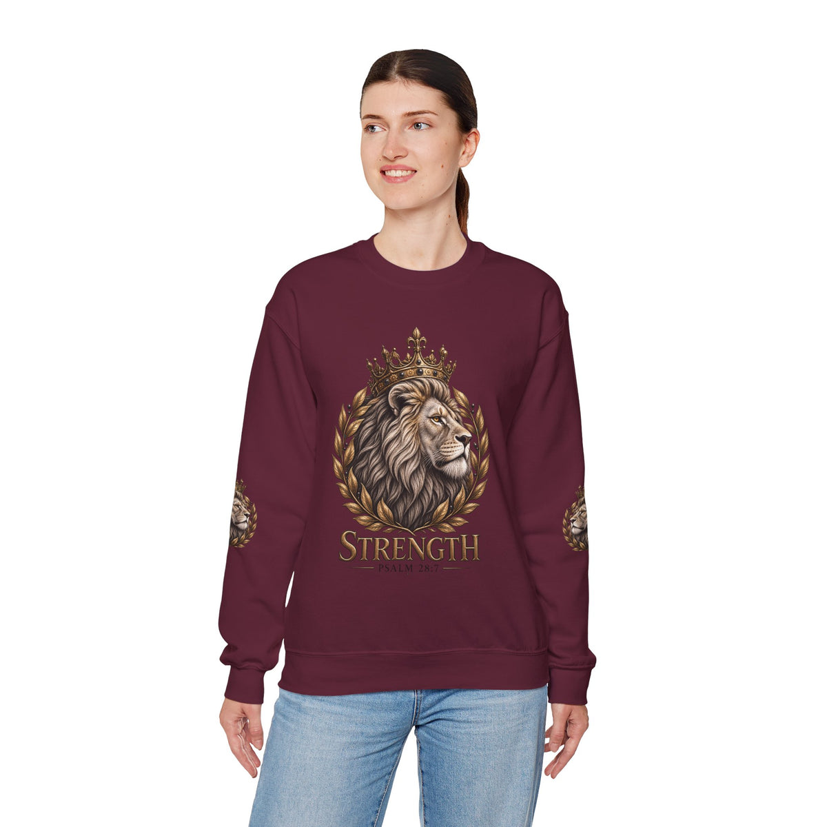 Strength Lion Crewneck Sweatshirt — Psalm 28:7 Inspirational Pullover