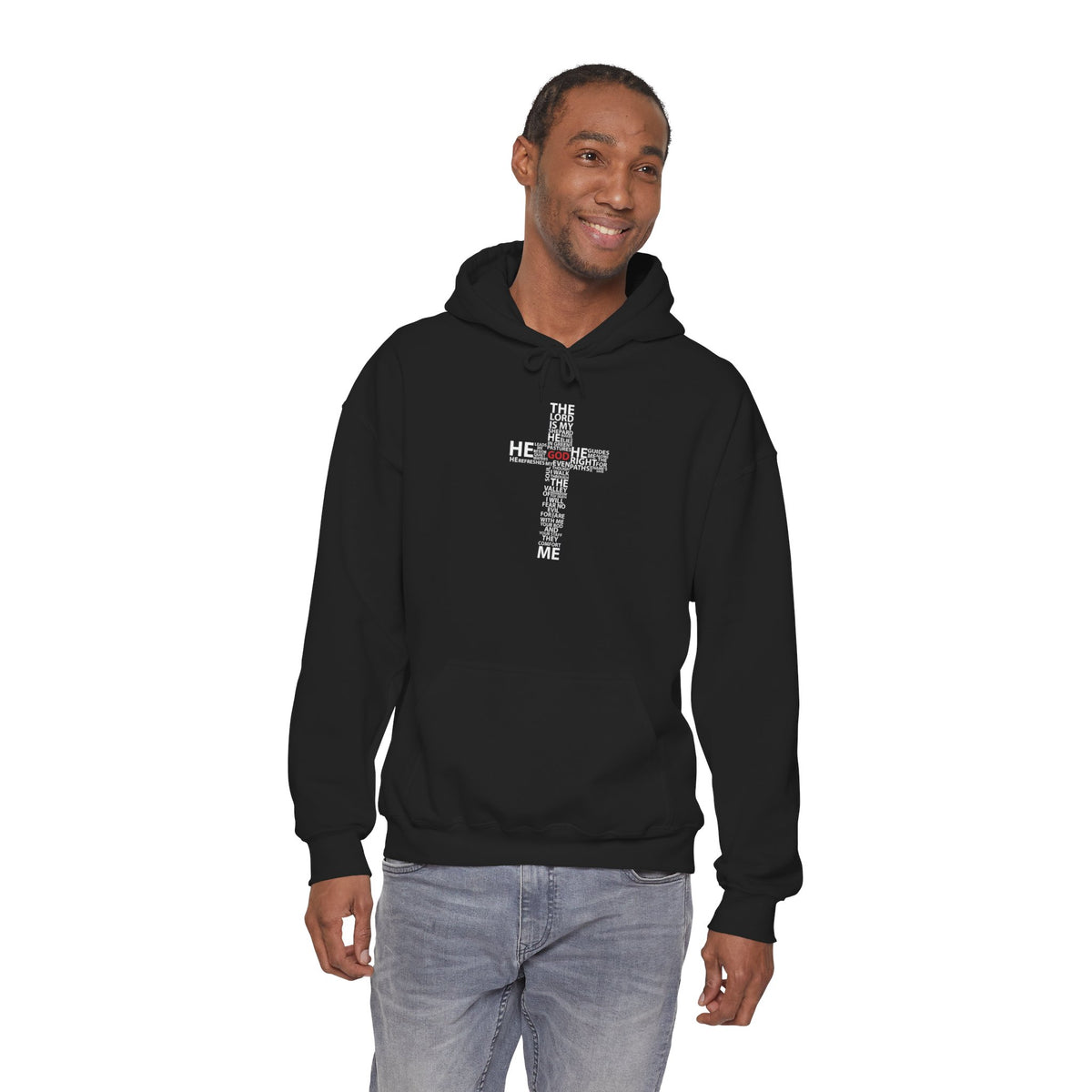 Christian Cross Hoodie - "He Renewed Me" Word Cloud Faith Sweatshirt