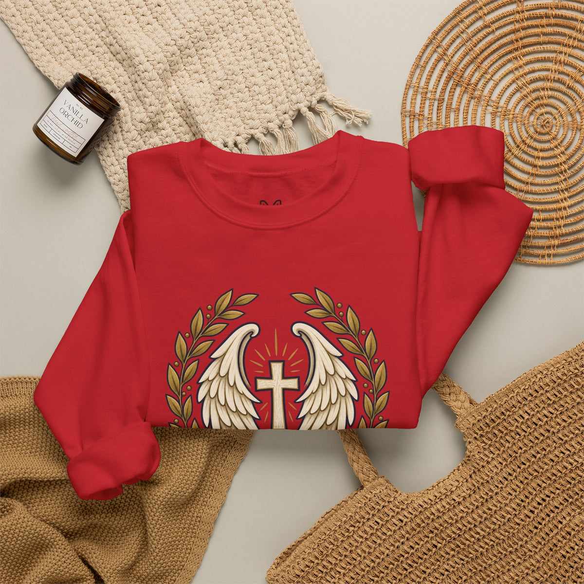 Under His Wings Crewneck Sweatshirt — Christian Cross & Angel Wings Psalm Design