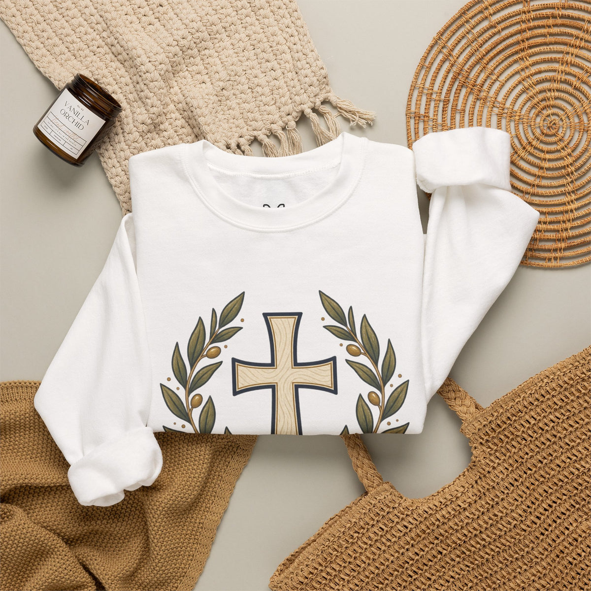 Crewneck Sweatshirt — "Be Still" Psalm 46:10 Christian Cross Design