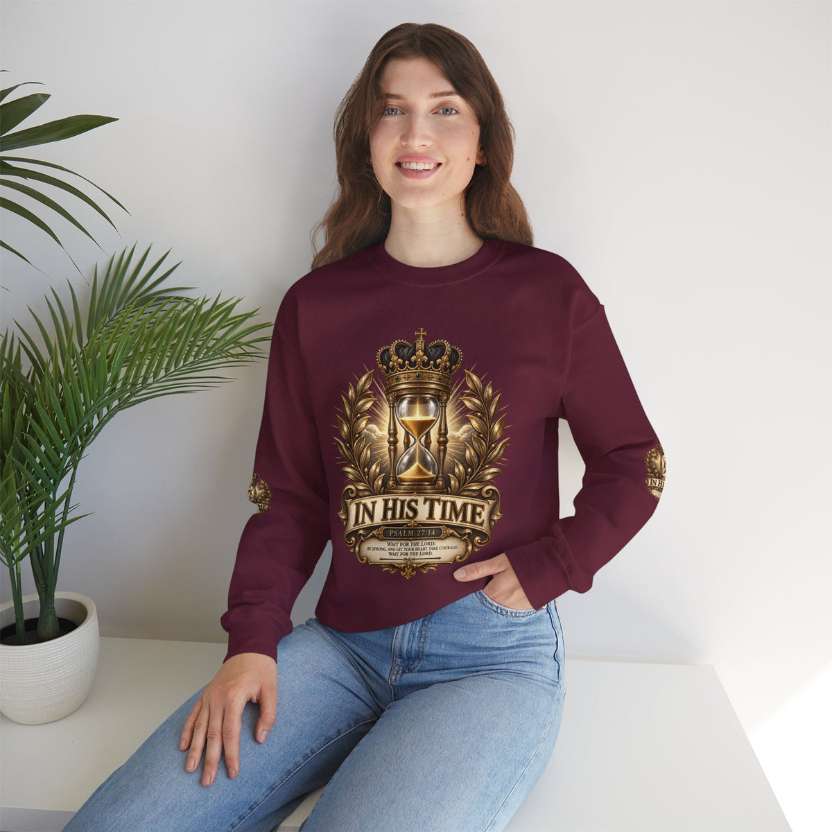 In His Time Crewneck Sweatshirt – Inspirational Christian Scripture Hourglass Design