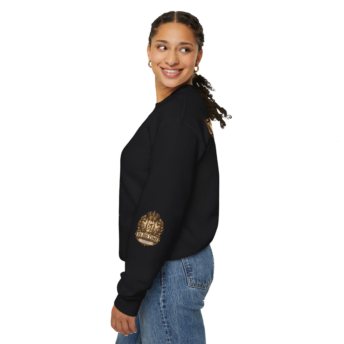 In His Time Crewneck Sweatshirt – Inspirational Christian Scripture Hourglass Design