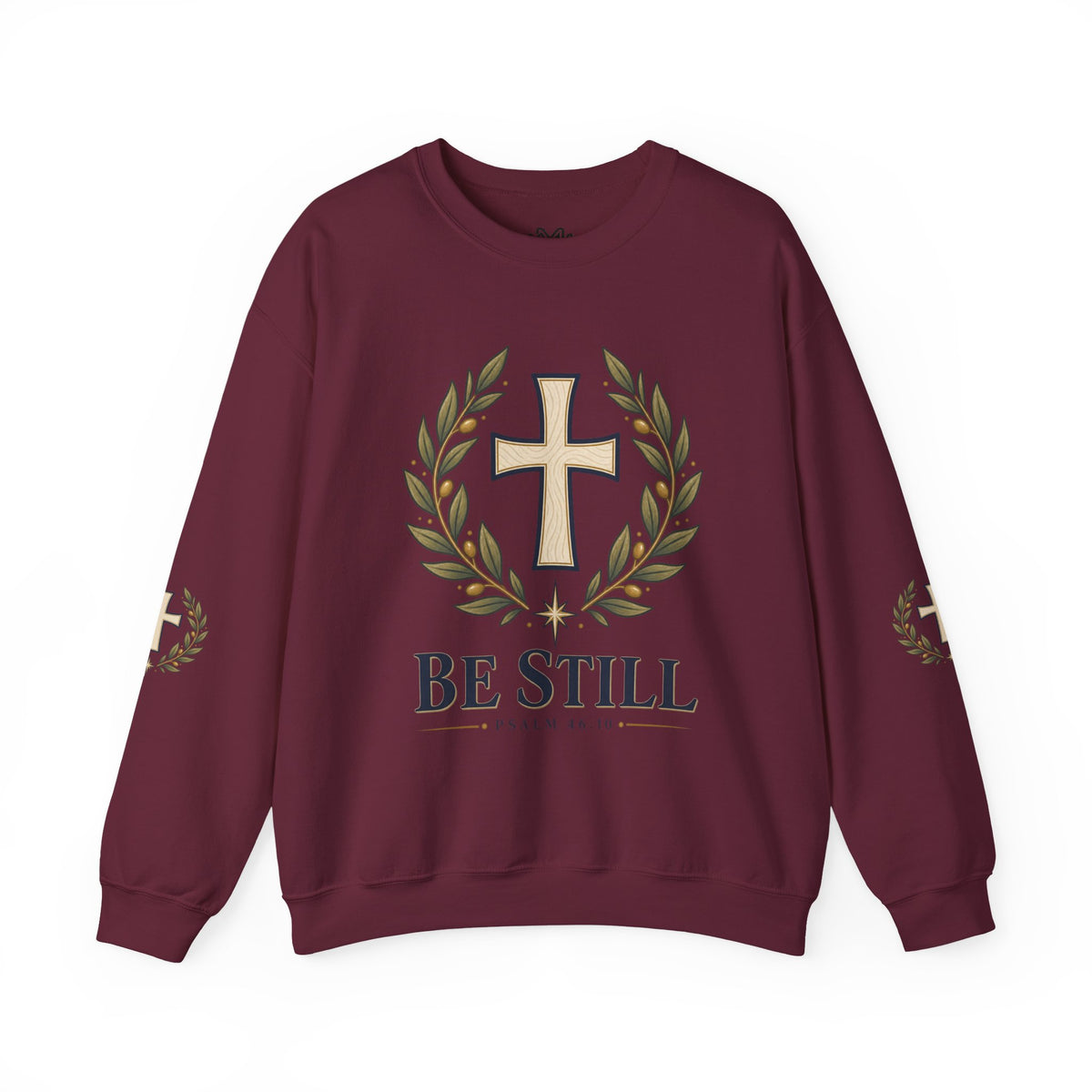 Crewneck Sweatshirt — "Be Still" Psalm 46:10 Christian Cross Design