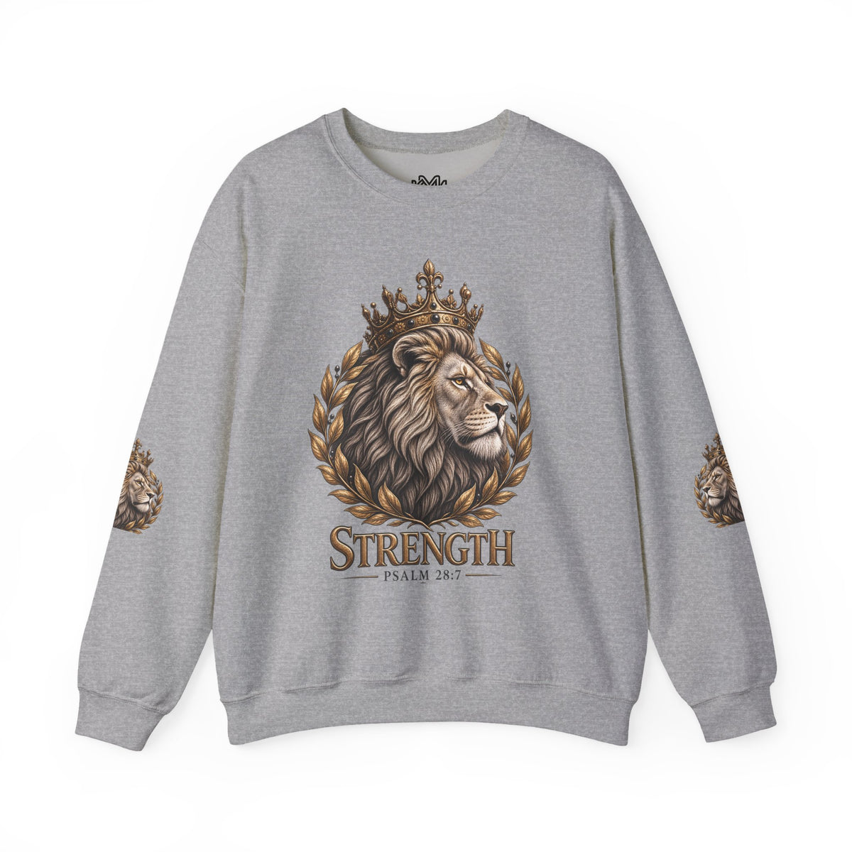 Strength Lion Crewneck Sweatshirt — Psalm 28:7 Inspirational Pullover
