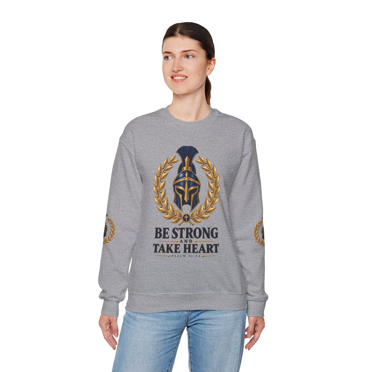 Crewneck Sweatshirt — "Be Strong and Take Heart" Psalm 31:24 Spartan Helmet Design