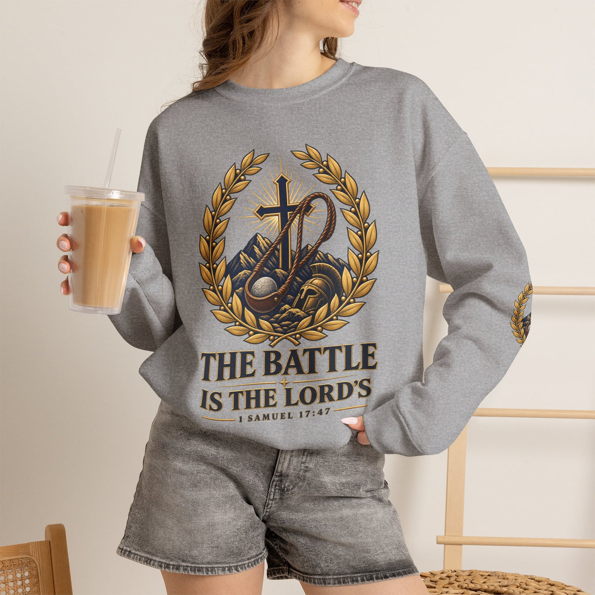 Religious Crewneck Sweatshirt — "The Battle Is The Lord's" (1 Samuel 17:47)