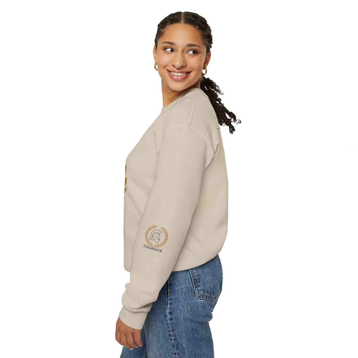 Courage Spartan Helmet Crewneck Sweatshirt — "Courage" with Laurel & Psalm 121:1-2