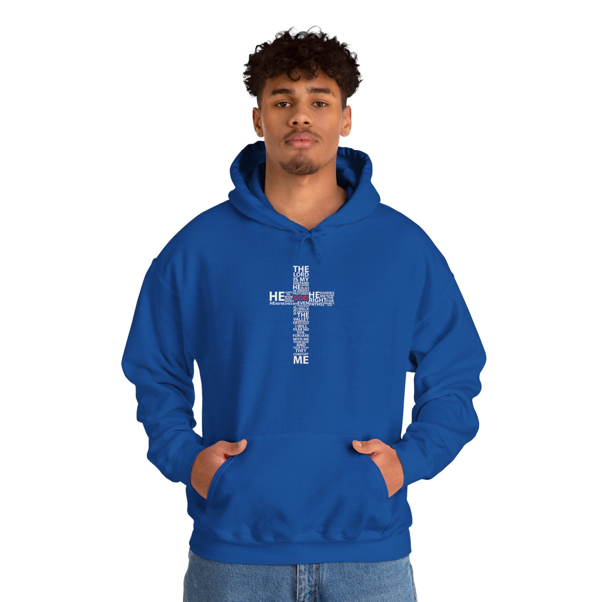 Christian Cross Hoodie - "He Renewed Me" Word Cloud Faith Sweatshirt