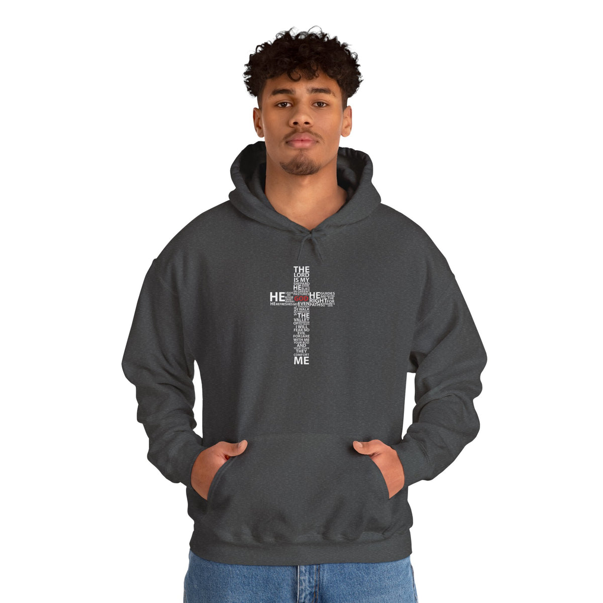 Christian Cross Hoodie - "He Renewed Me" Word Cloud Faith Sweatshirt