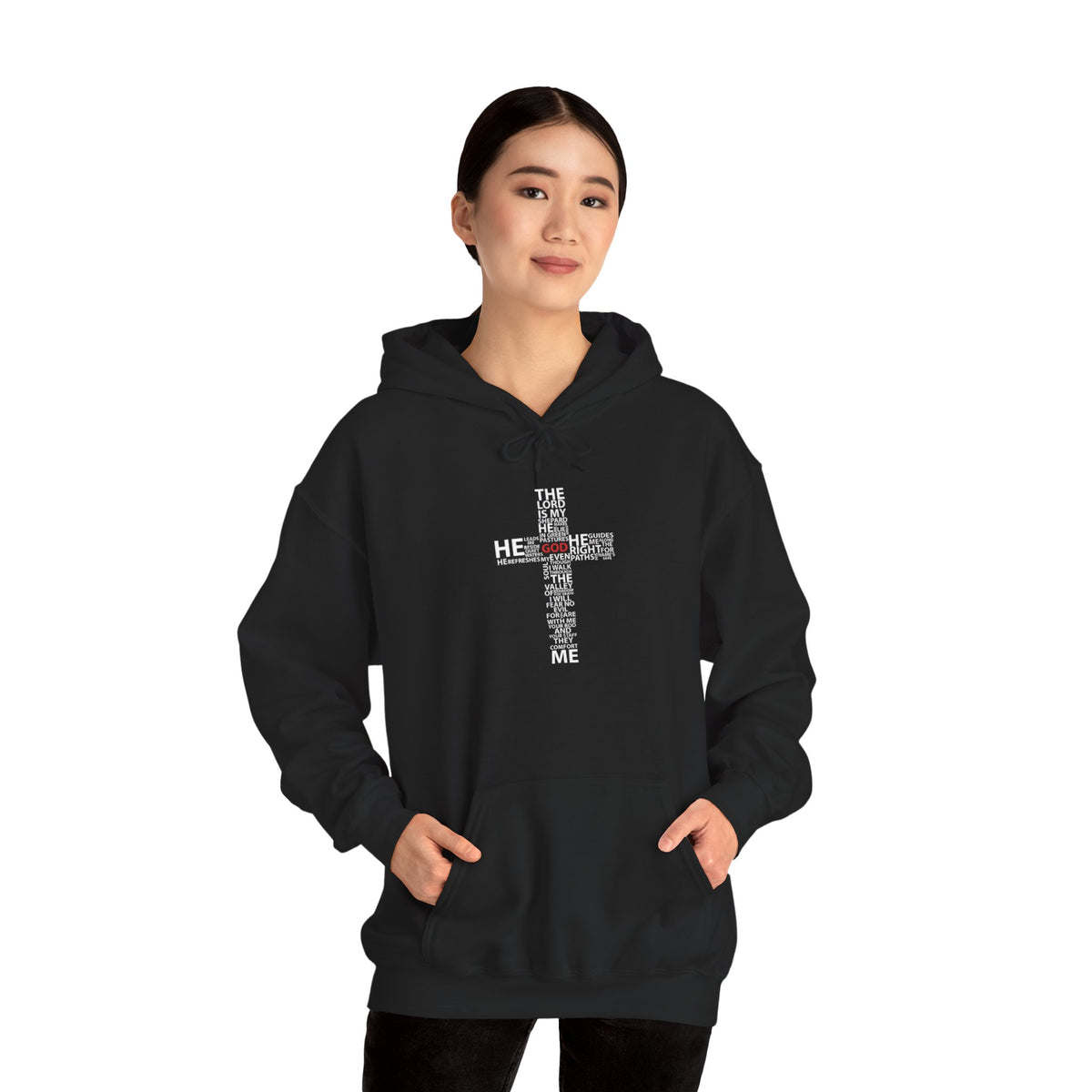 Christian Cross Hoodie - "He Renewed Me" Word Cloud Faith Sweatshirt