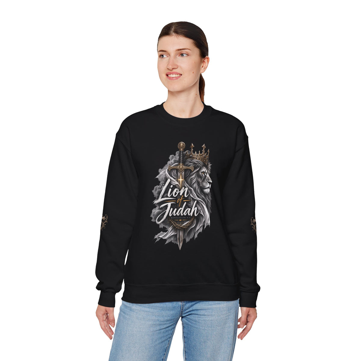 Lion of Judah Sweatshirt — Christian Lion Crewneck with Crown & Ichthys Back