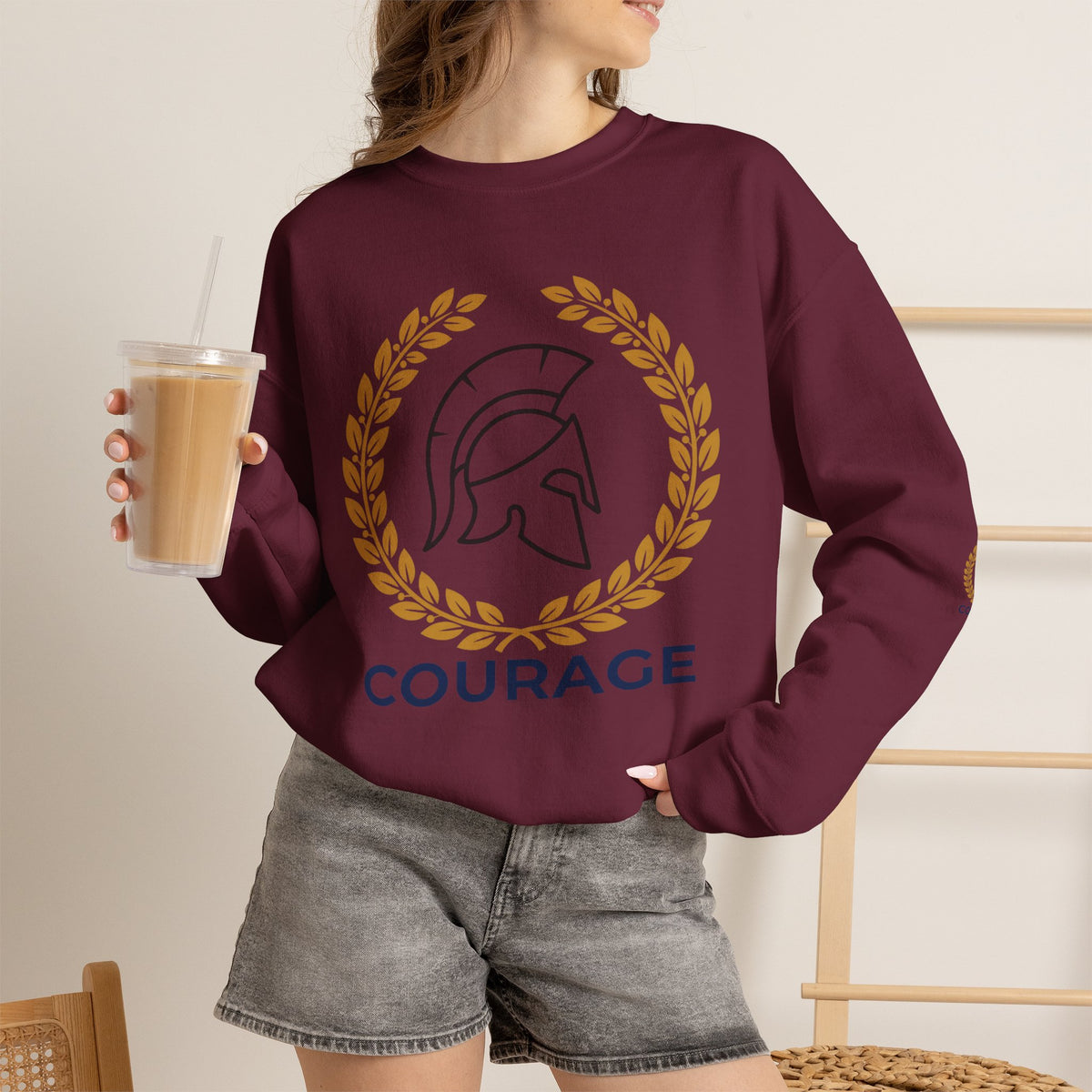 Courage Spartan Helmet Crewneck Sweatshirt — "Courage" with Laurel & Psalm 121:1-2