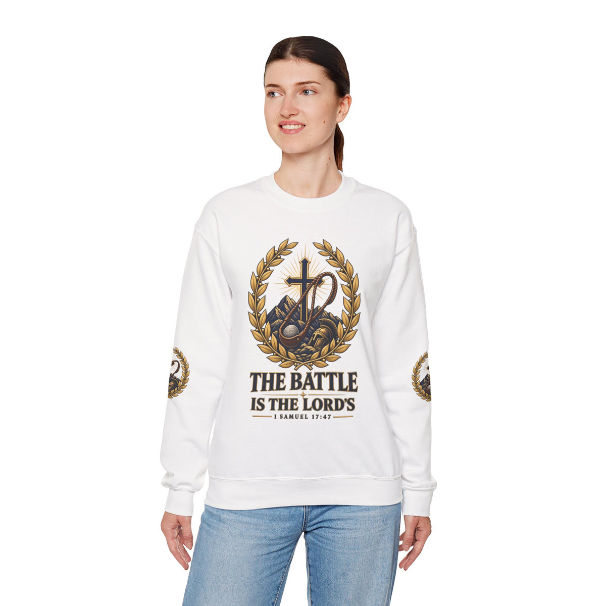 Religious Crewneck Sweatshirt — "The Battle Is The Lord's" (1 Samuel 17:47)