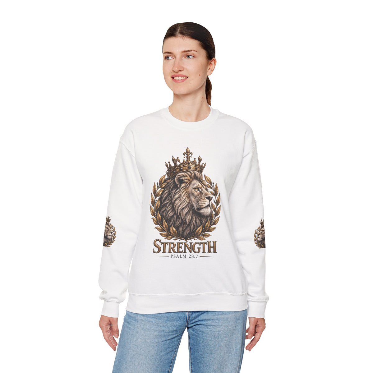 Strength Lion Crewneck Sweatshirt — Psalm 28:7 Inspirational Pullover