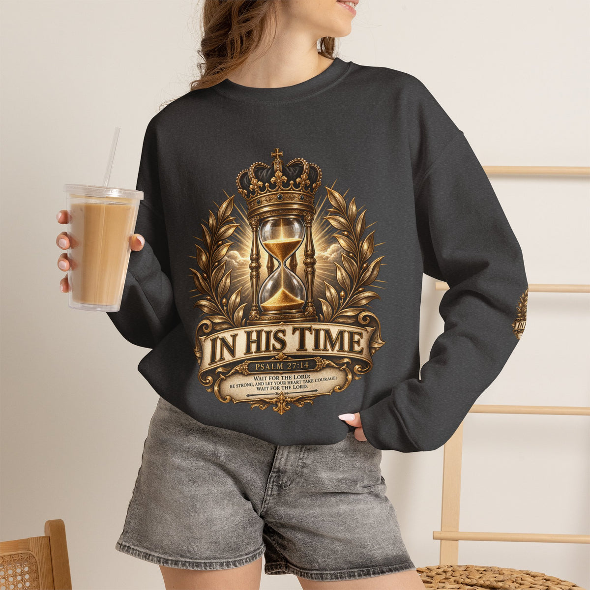 In His Time Crewneck Sweatshirt – Inspirational Christian Scripture Hourglass Design