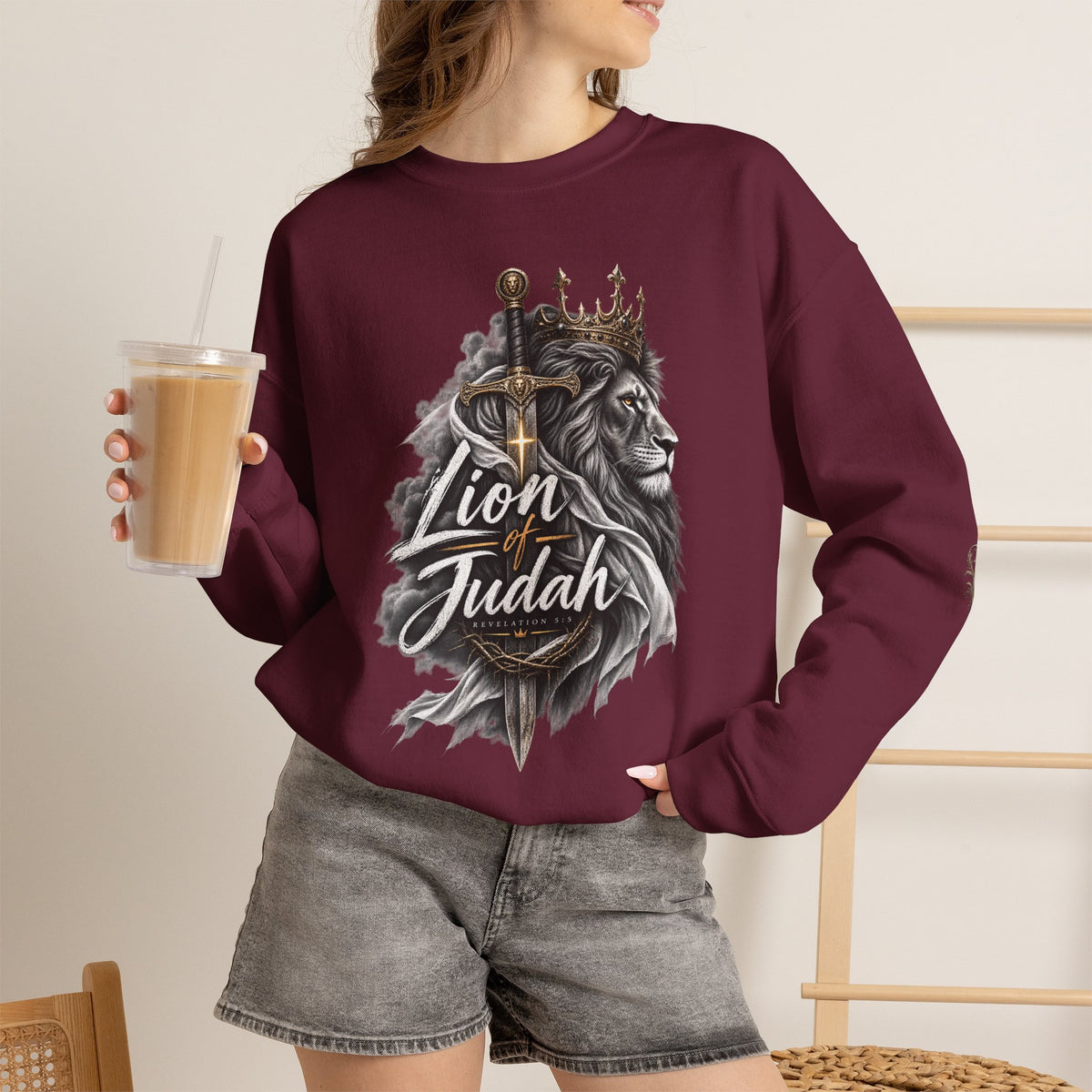 Lion of Judah Sweatshirt — Christian Lion Crewneck with Crown & Ichthys Back