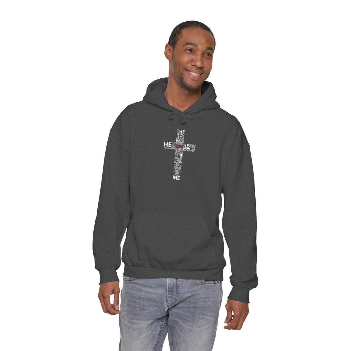 Christian Cross Hoodie - "He Renewed Me" Word Cloud Faith Sweatshirt