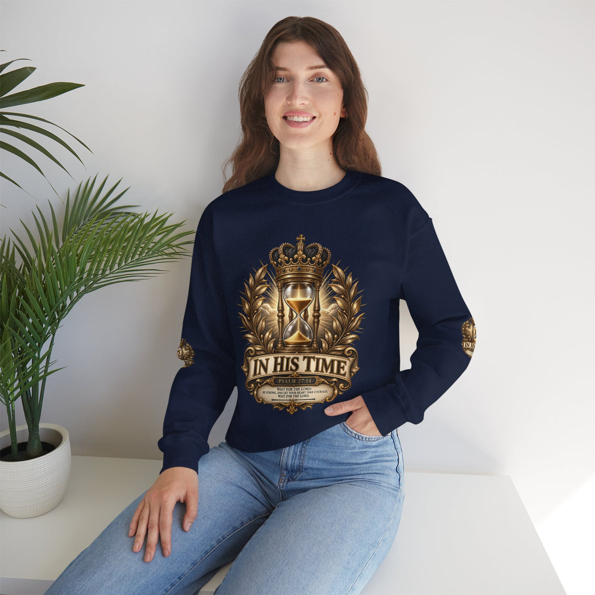 In His Time Crewneck Sweatshirt – Inspirational Christian Scripture Hourglass Design