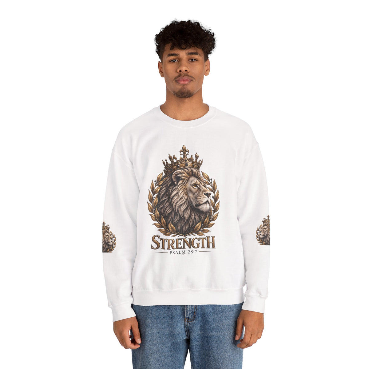 Strength Lion Crewneck Sweatshirt — Psalm 28:7 Inspirational Pullover