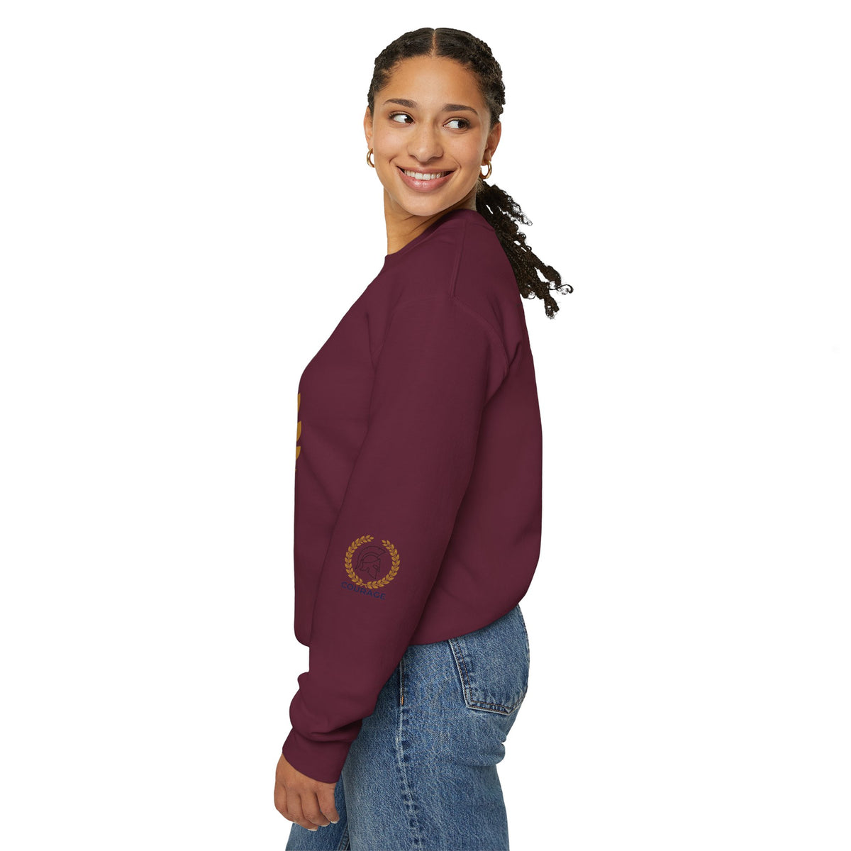 Courage Spartan Helmet Crewneck Sweatshirt — "Courage" with Laurel & Psalm 121:1-2