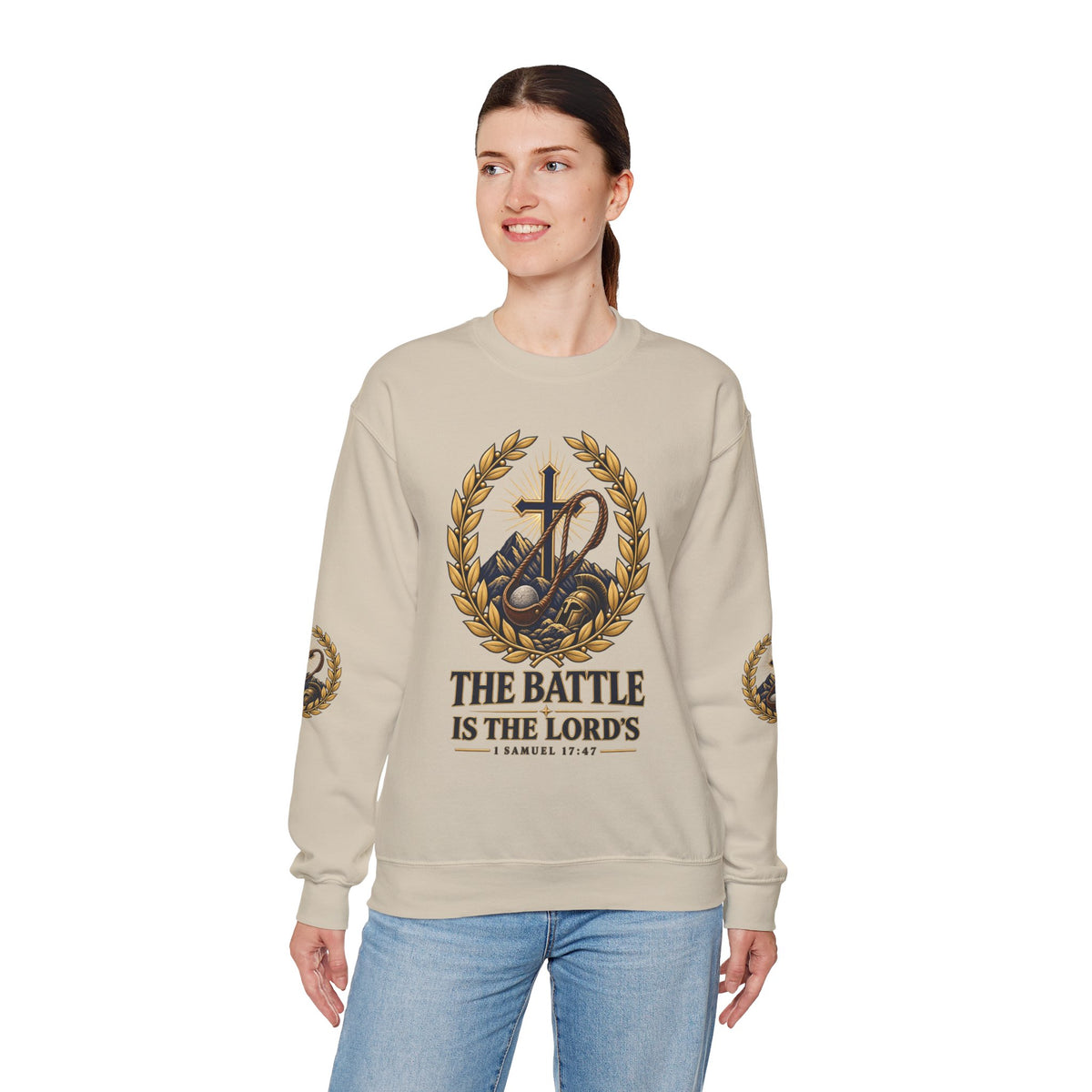 Religious Crewneck Sweatshirt — "The Battle Is The Lord's" (1 Samuel 17:47)