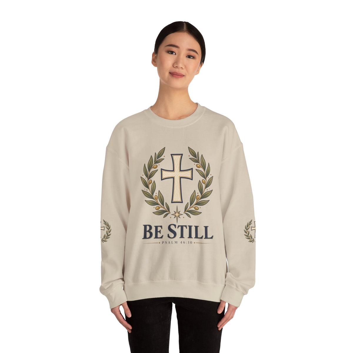 Crewneck Sweatshirt — "Be Still" Psalm 46:10 Christian Cross Design