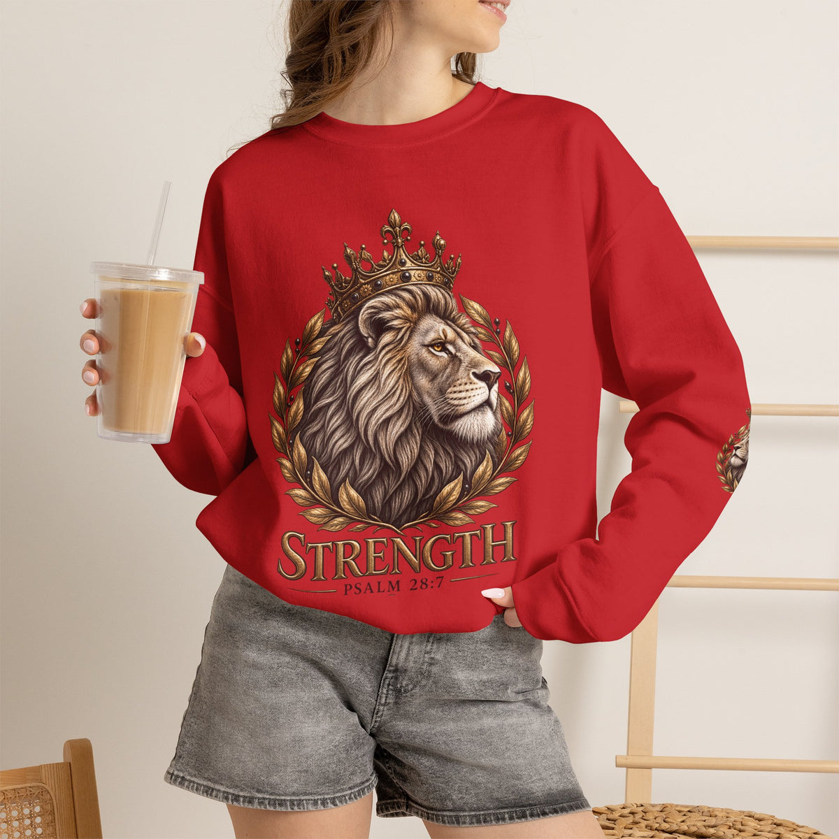 Strength Lion Crewneck Sweatshirt — Psalm 28:7 Inspirational Pullover