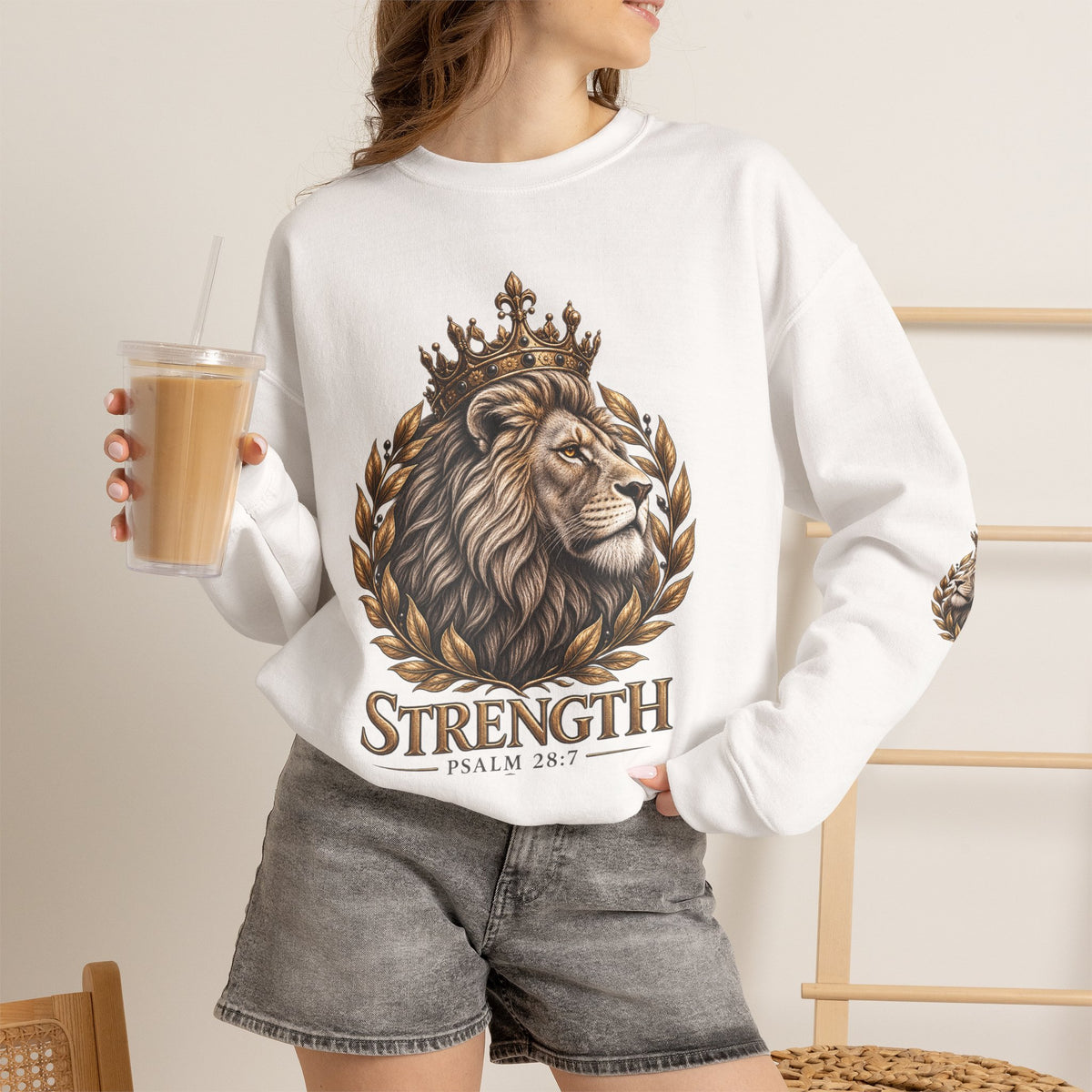 Strength Lion Crewneck Sweatshirt — Psalm 28:7 Inspirational Pullover