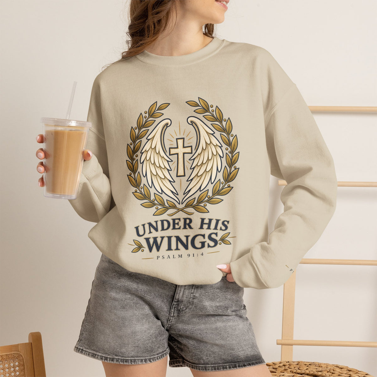 Under His Wings Crewneck Sweatshirt — Christian Cross & Angel Wings Psalm Design