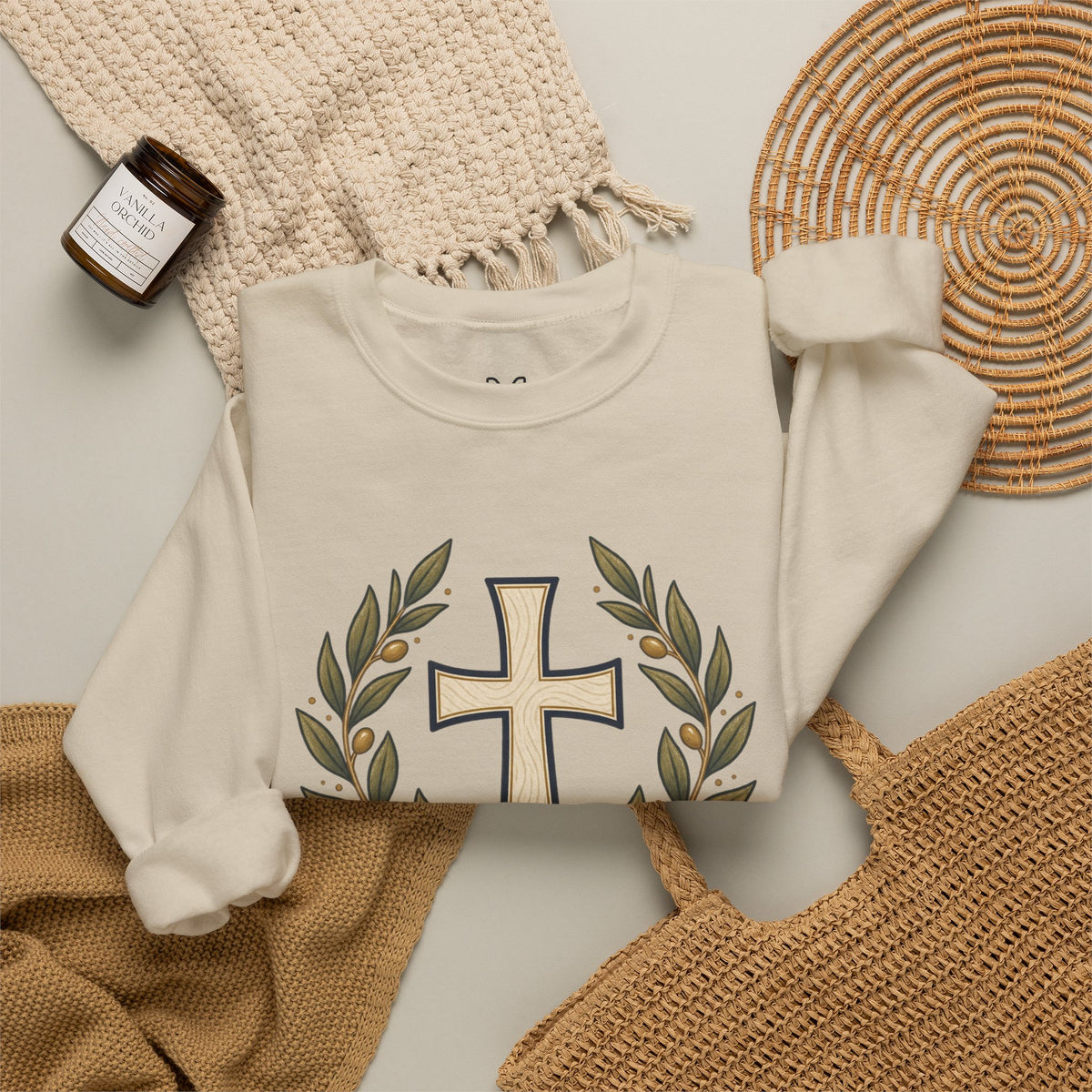 Crewneck Sweatshirt — "Be Still" Psalm 46:10 Christian Cross Design