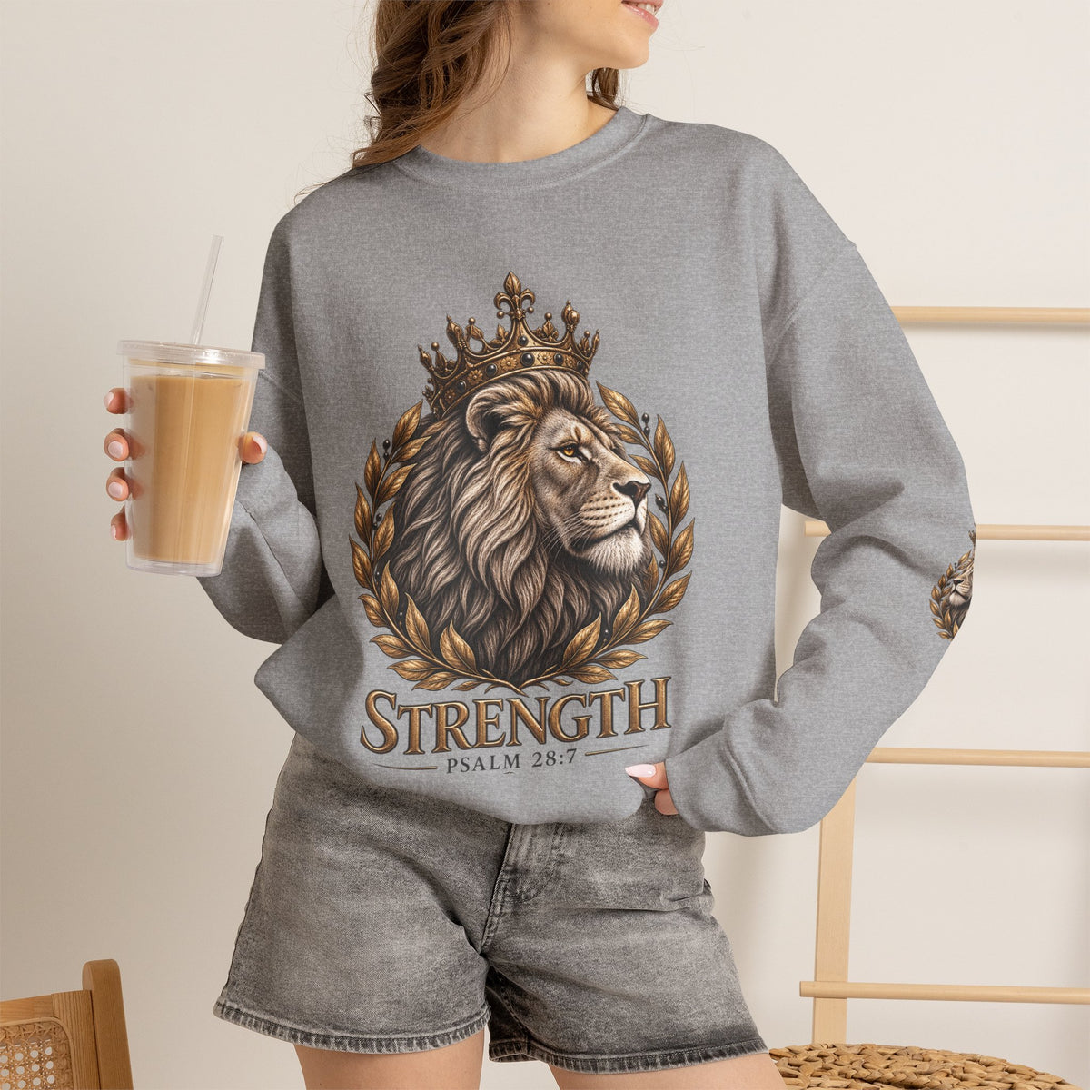 Strength Lion Crewneck Sweatshirt — Psalm 28:7 Inspirational Pullover