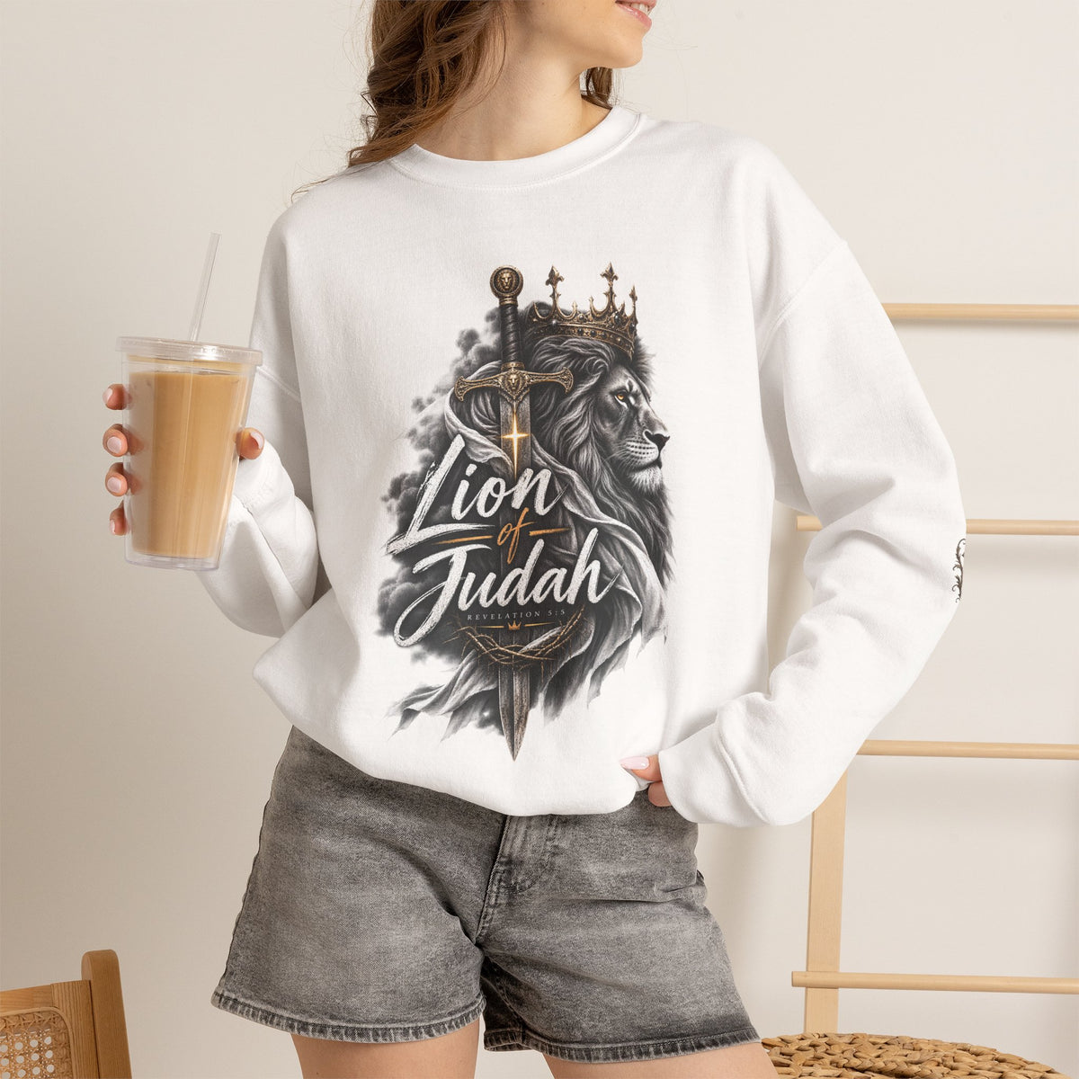 Lion of Judah Sweatshirt — Christian Lion Crewneck with Crown & Ichthys Back