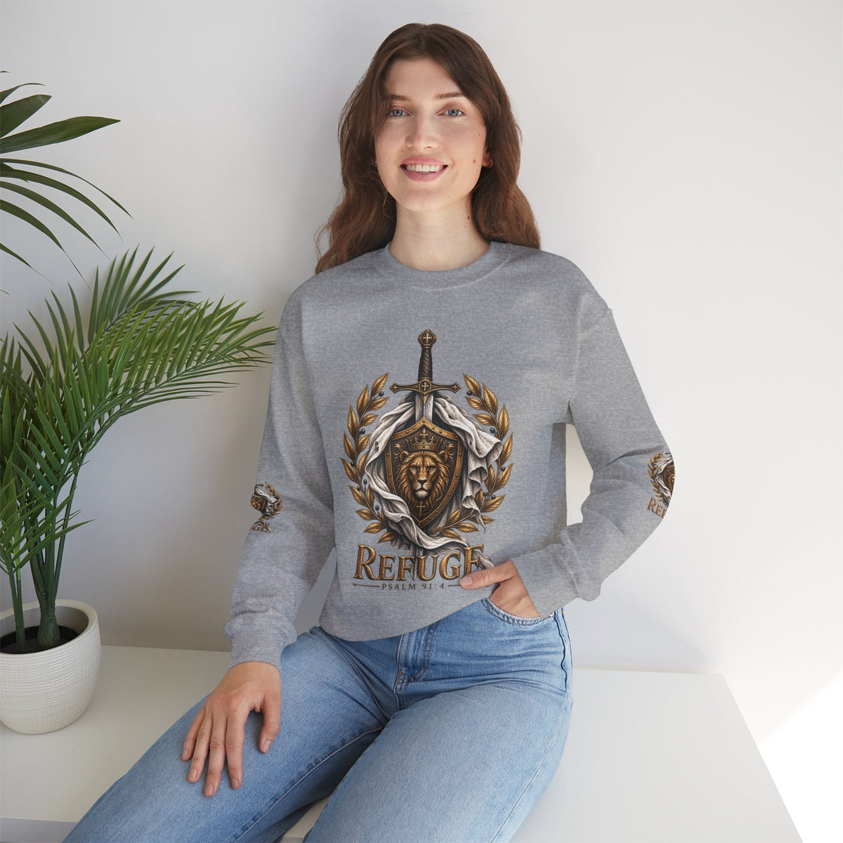 Crewneck Sweatshirt — 'Refuge' Lion & Sword Psalm 91:4 Christian Pullover