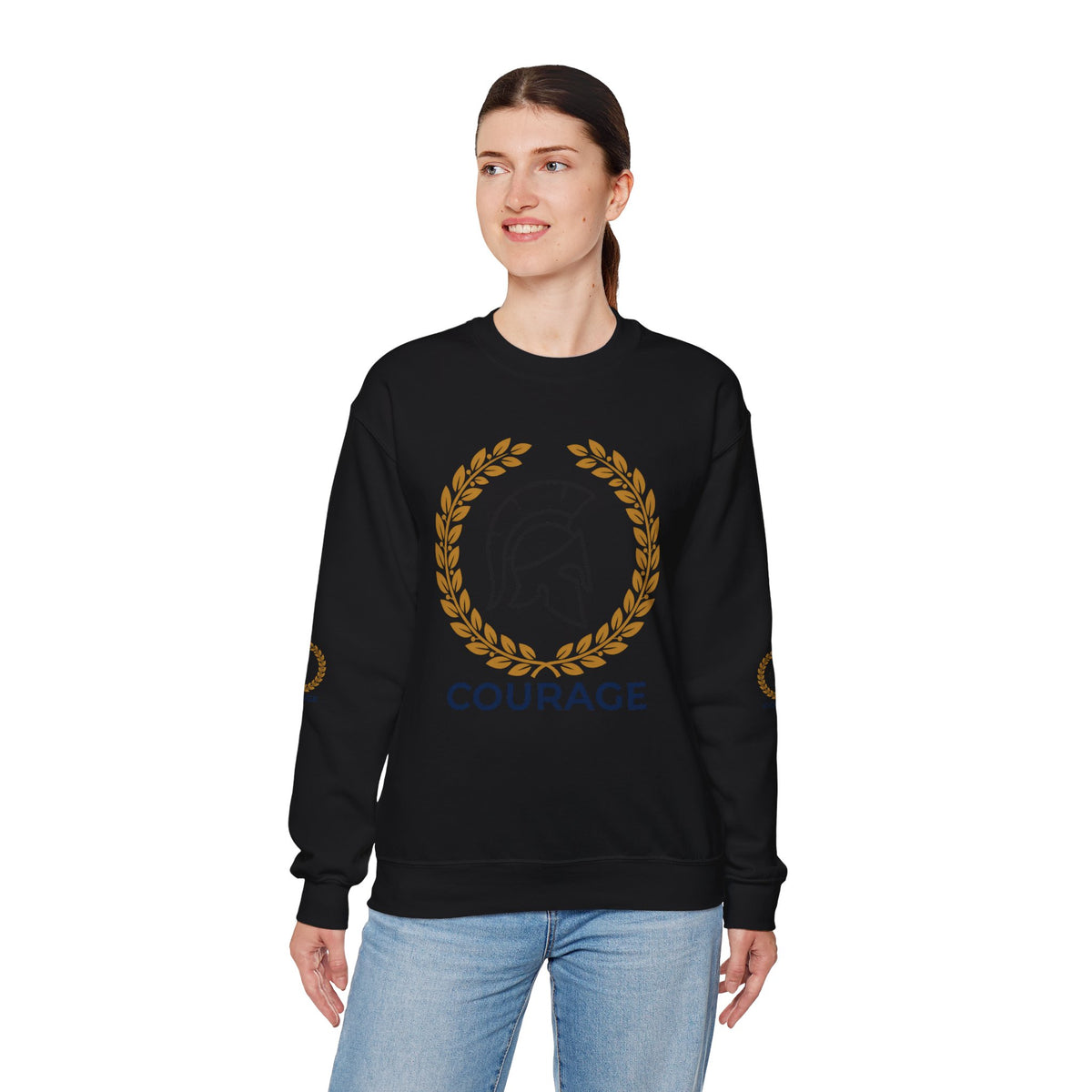 Courage Spartan Helmet Crewneck Sweatshirt — "Courage" with Laurel & Psalm 121:1-2