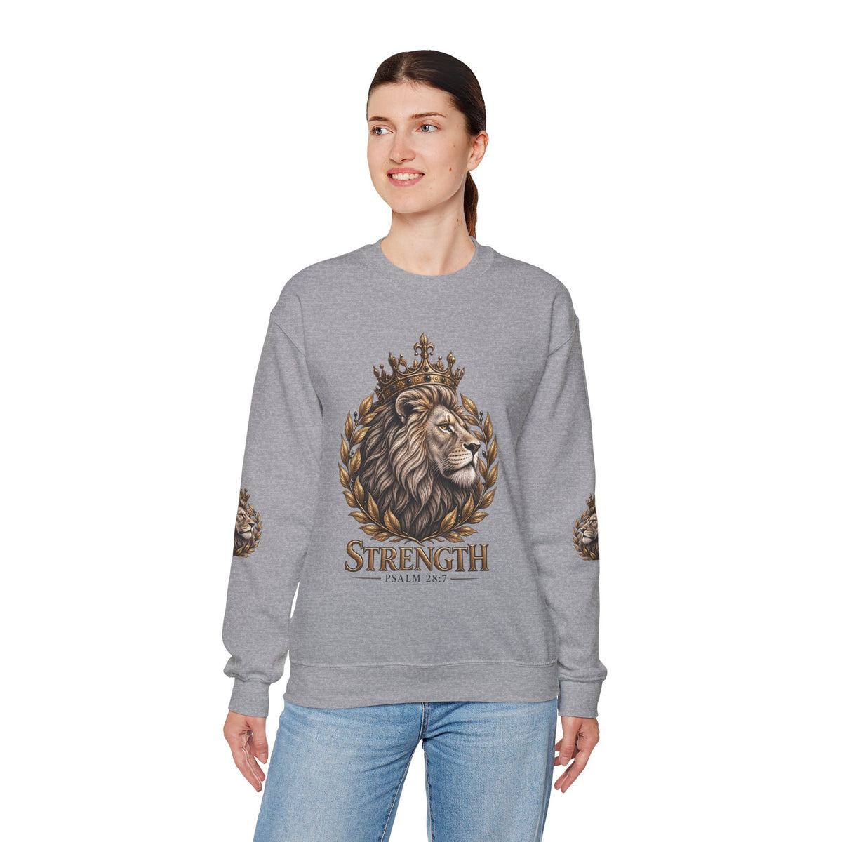 Strength Lion Crewneck Sweatshirt — Psalm 28:7 Inspirational Pullover