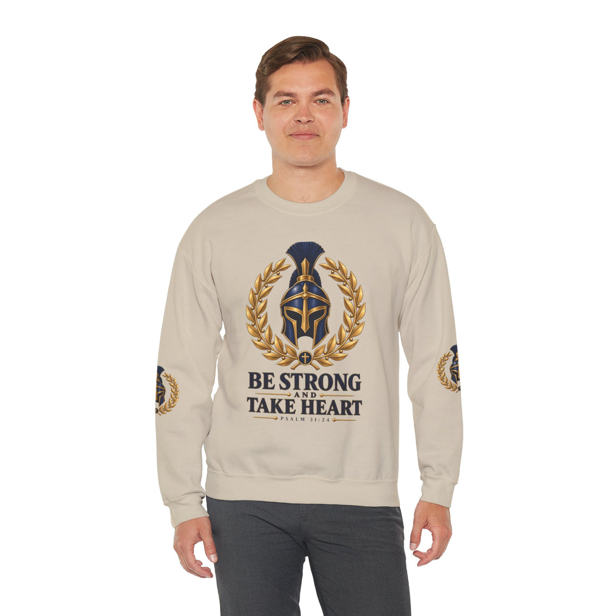 Crewneck Sweatshirt — "Be Strong and Take Heart" Psalm 31:24 Spartan Helmet Design