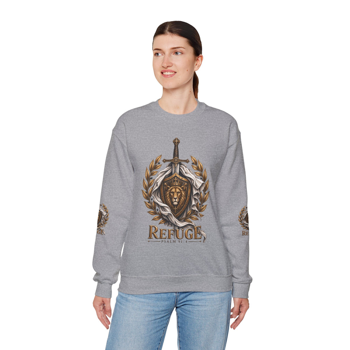 Crewneck Sweatshirt — 'Refuge' Lion & Sword Psalm 91:4 Christian Pullover